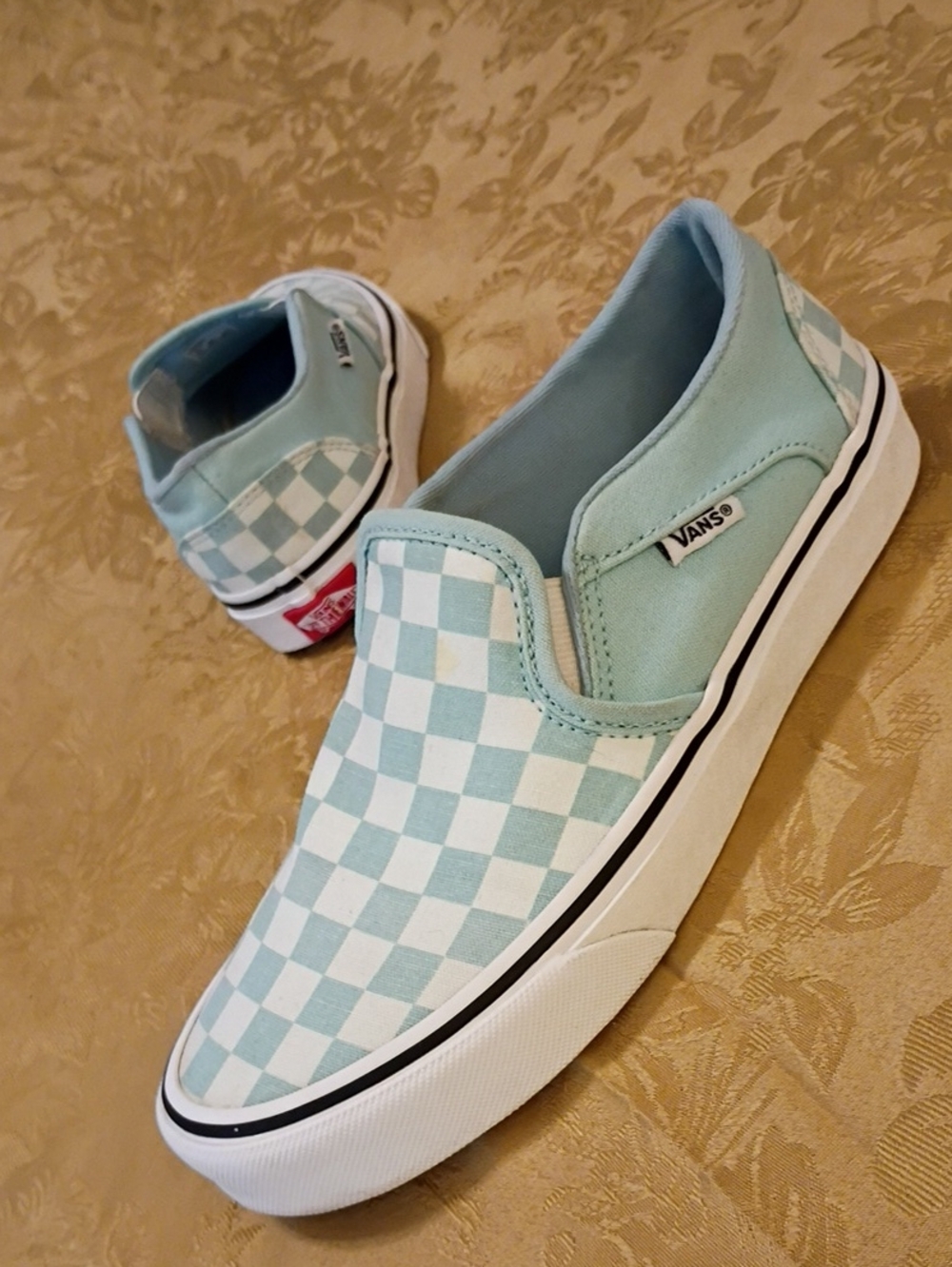 VANS Slip-On Checkerboard Sneakers - Mint Blue & White Women's 6.5 Men's 5.0